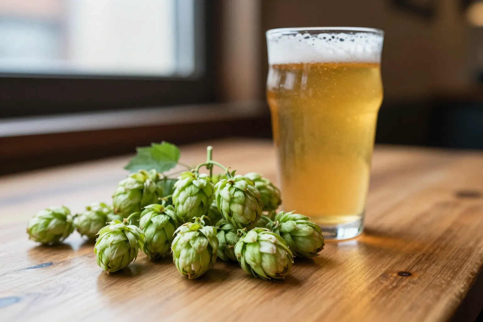 Verse groene hopbellen naast een glas goudgeel IPA-bier