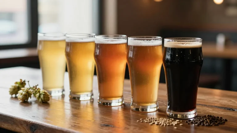 Vijf bierglazen op een rij, van lichtgeel naar diepzwart, met hopbellen en mout ernaast