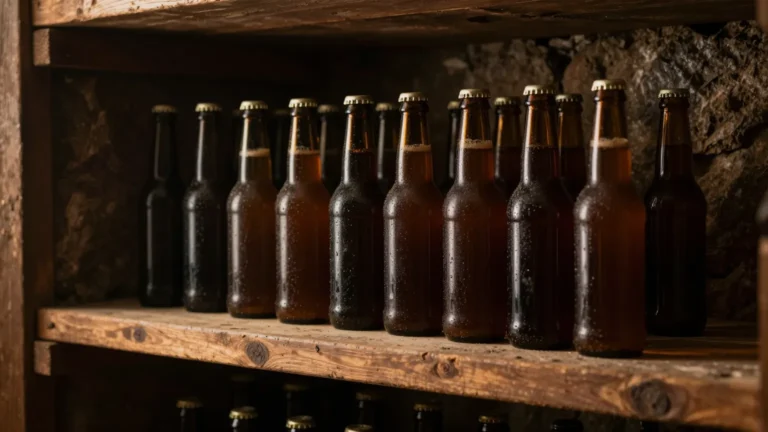 Bruine bierflessen staan rechtop op een houten plank in een donkere, koele kelder