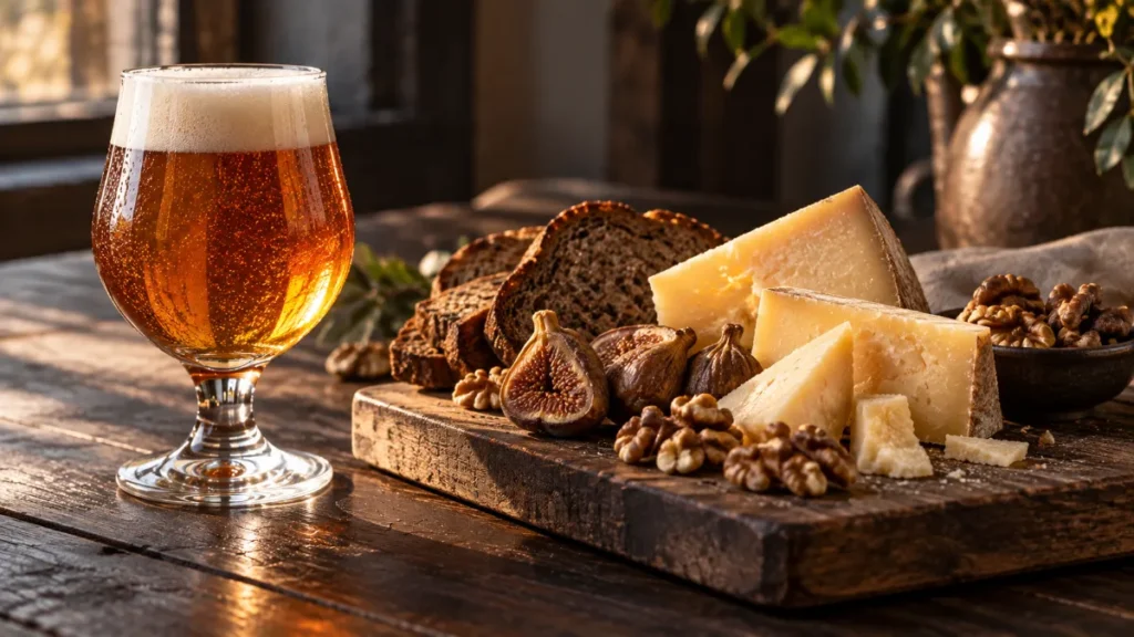 Glas amberkleurig bier naast een houten plank met belegen kaas, walnoten, gedroogde vijgen en donker roggebrood