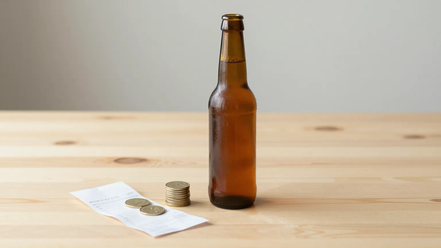 Een bruin bierflesje op een houten tafel met een stapeltje euromunten en een kassabon ernaast