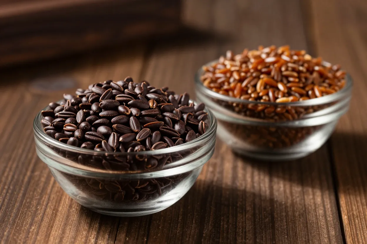 Twee schaaltjes met gebrande chocolademout en roodbruine karamelmout korrels