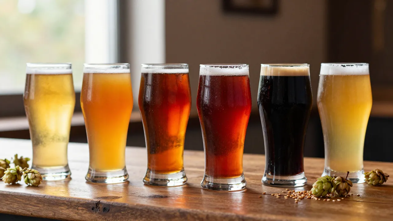 Zes glazen met craft bier in verschillende kleuren, van goudgeel tot pikzwart, op een houten bar met hopbellen en moutkorrels