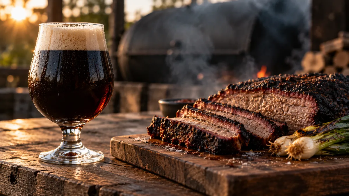Glas donker bier met beige schuimkraag op een houten tafel naast een plank met gesneden gerookte brisket en gegrilde bosuitjes, met een rokende smoker op de achtergrond