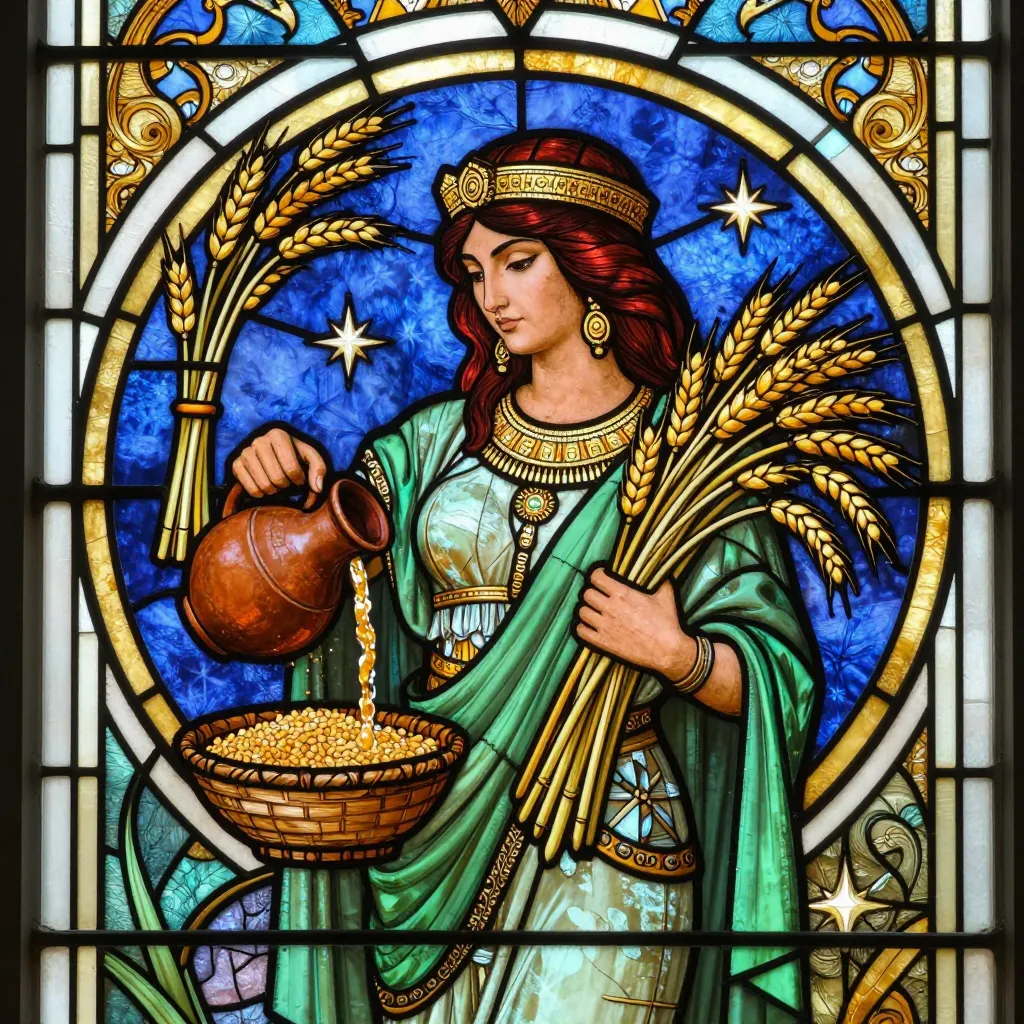 Sfeerillustratie van Ninkasi, de Soemerische godin van het bier, met korenaren en een kruik