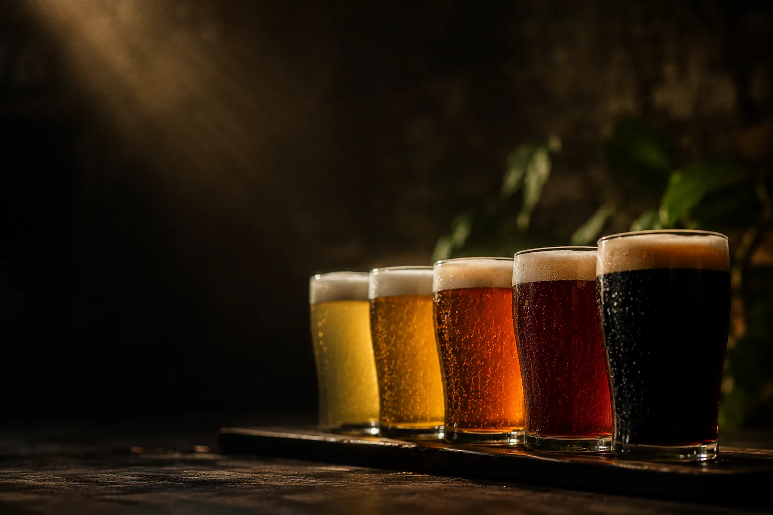 Vijf glazen bier op een rij van strogeel via amber naar zwart, van opzij gezien in tegenlicht