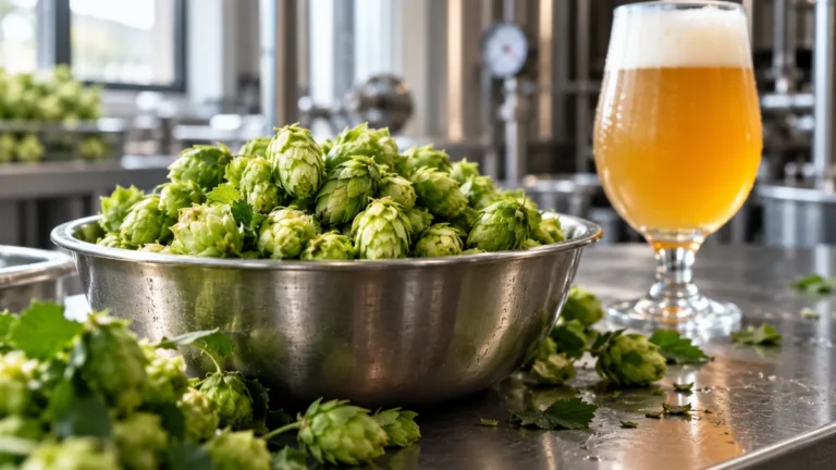 Verse groene hopbellen in een roestvrijstalen schaal op een werkbank in een brouwerij, met een glas troebele IPA ernaast