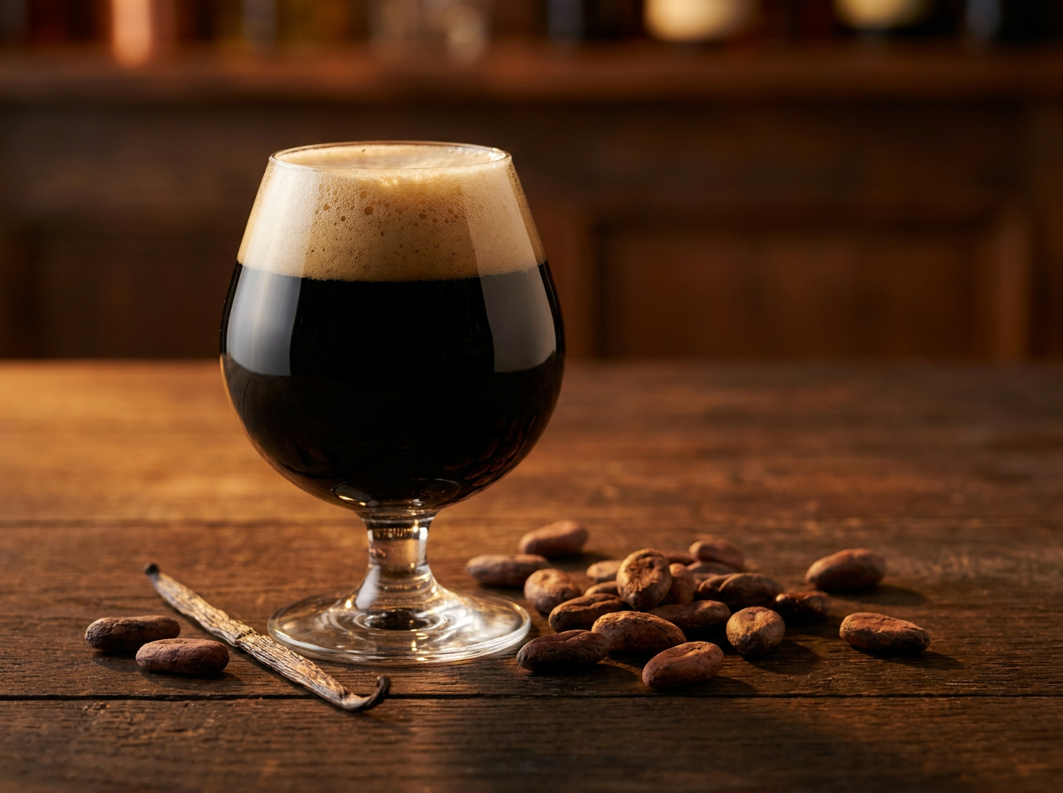 Een donkere imperial stout in een bolvormig ballonglas met een romige schuimkraag, cacaobonen en een vanillestokje ernaast