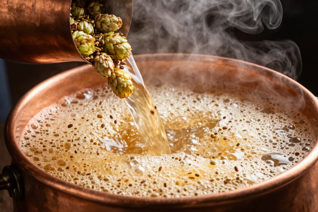 Hopbellen worden tijdens het koken toegevoegd aan de kokende wort in een koperen brouwketel