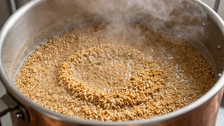 Close-up van het maischen: gekneusde mout in heet water in een open maischvat, met stoom