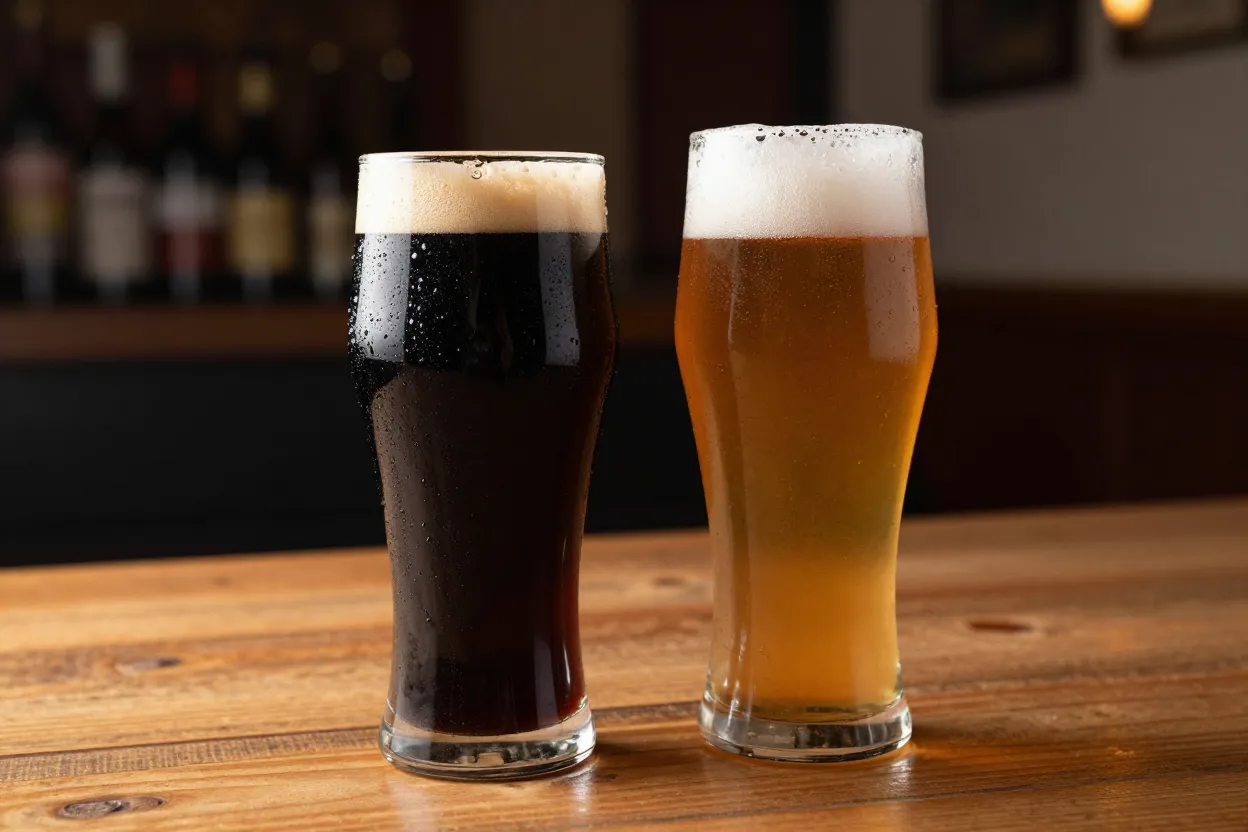Twee volle bierglazen, een donkere stout en een amberkleurige bock, naast elkaar op een houten tafel