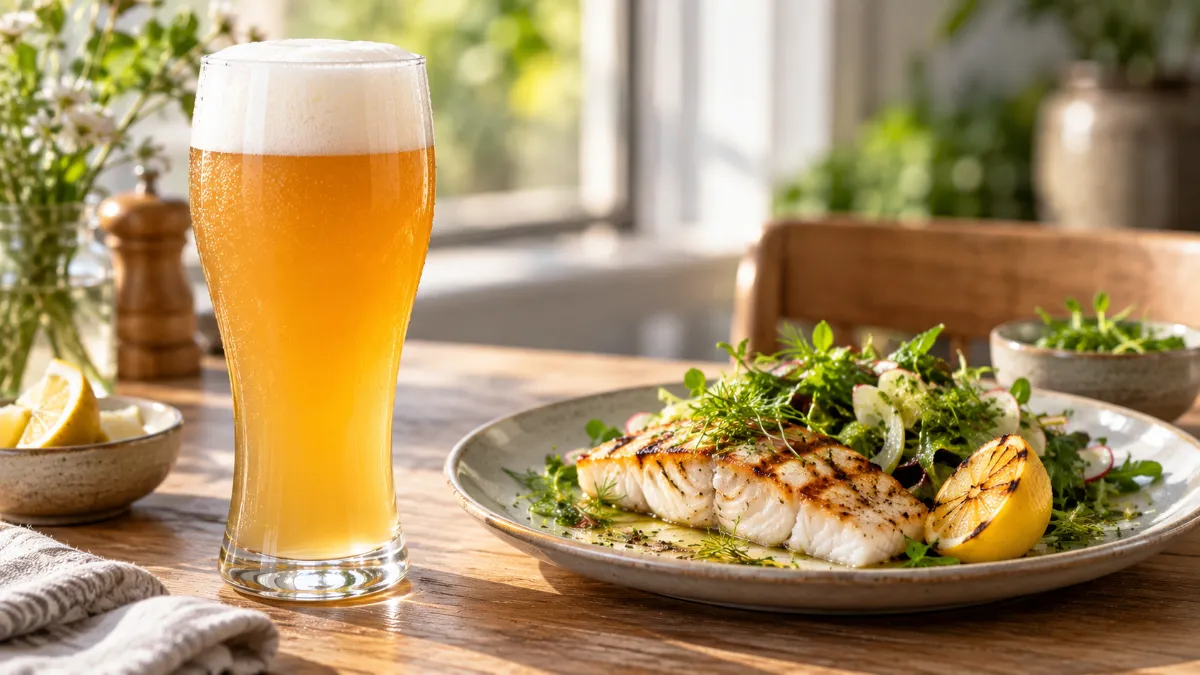 Hoog glas troebel witbier naast een bord met gegrilde witvis, kruidensalade en een gegrilde citroenpartje