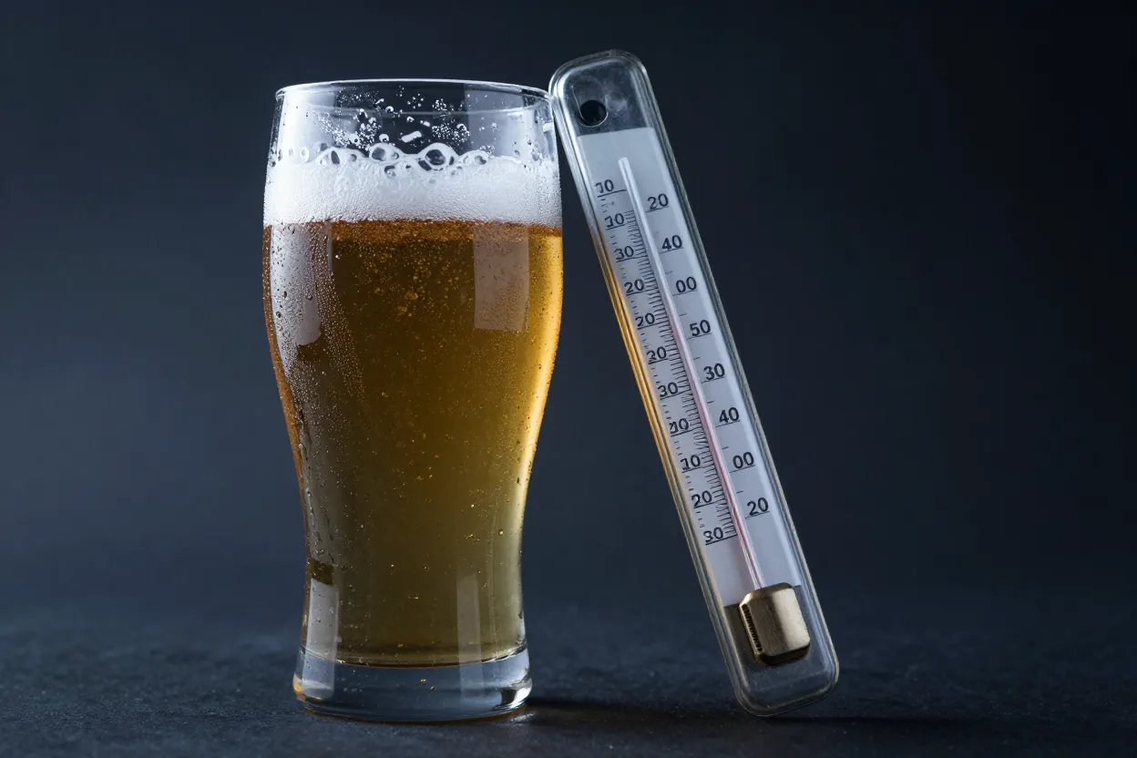Een glas bier met condens naast een ouderwetse thermometer