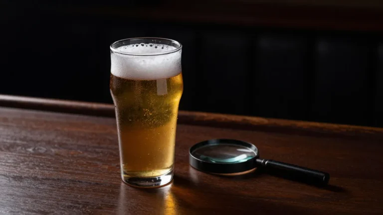 Een glas bier met een vergrootglas ernaast op een donkere houten bar