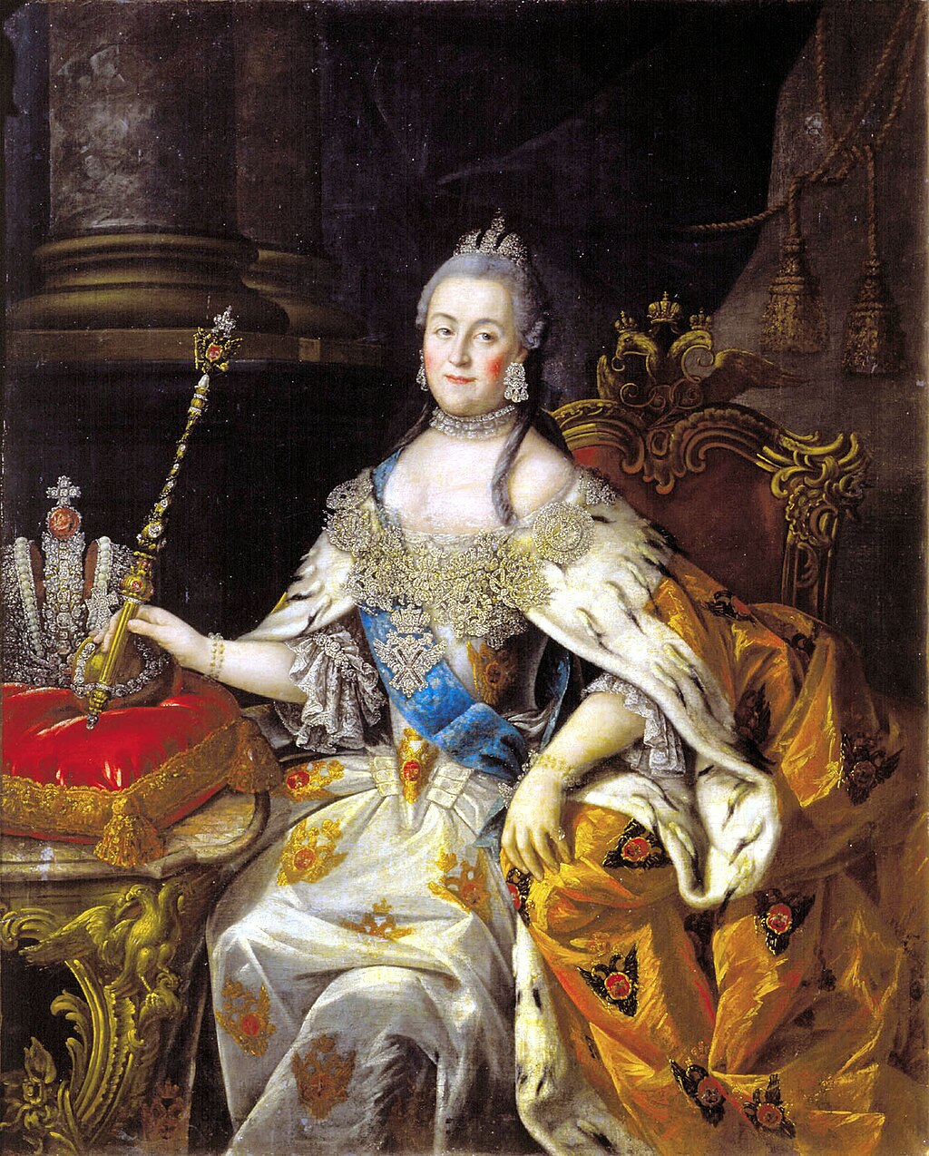 Geschilderd portret van keizerin Catharina de Grote van Rusland in vol ornaat, 18e eeuw