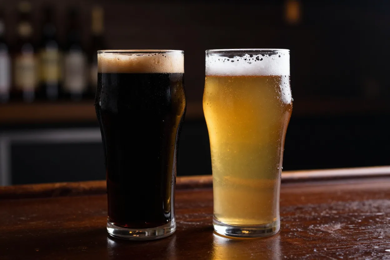 Een glas donker bier en een glas blond bier naast elkaar op een bar