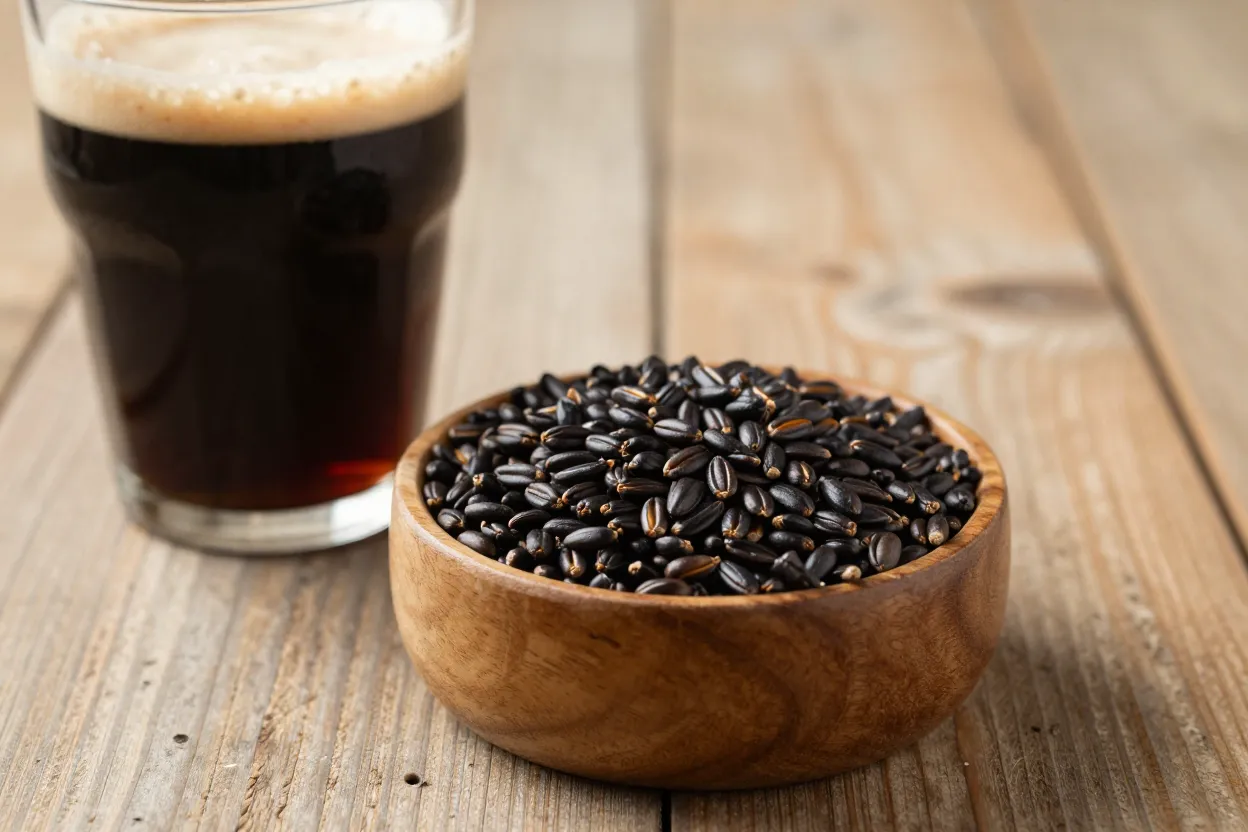 Houten schaaltje met donker geroosterde moutkorrels naast een glas donkere stout met schuimkraag