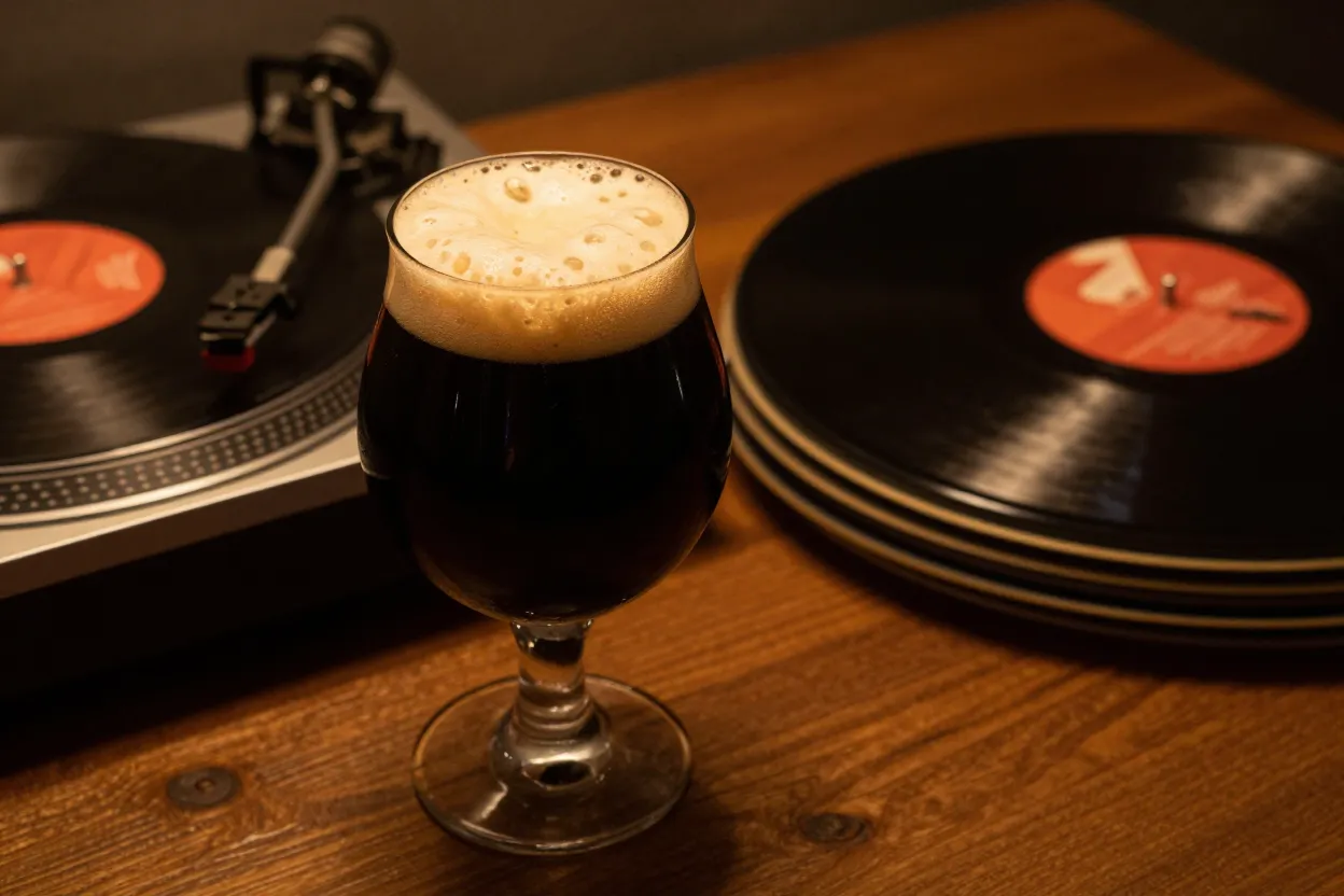 Donker bier met schuimkraag in een bolglas naast een platenspeler en stapel vinylplaten