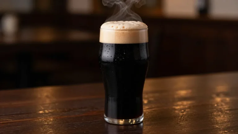 Glas pikzwarte imperial stout met een dikke bruine schuimkraag op een houten tafel