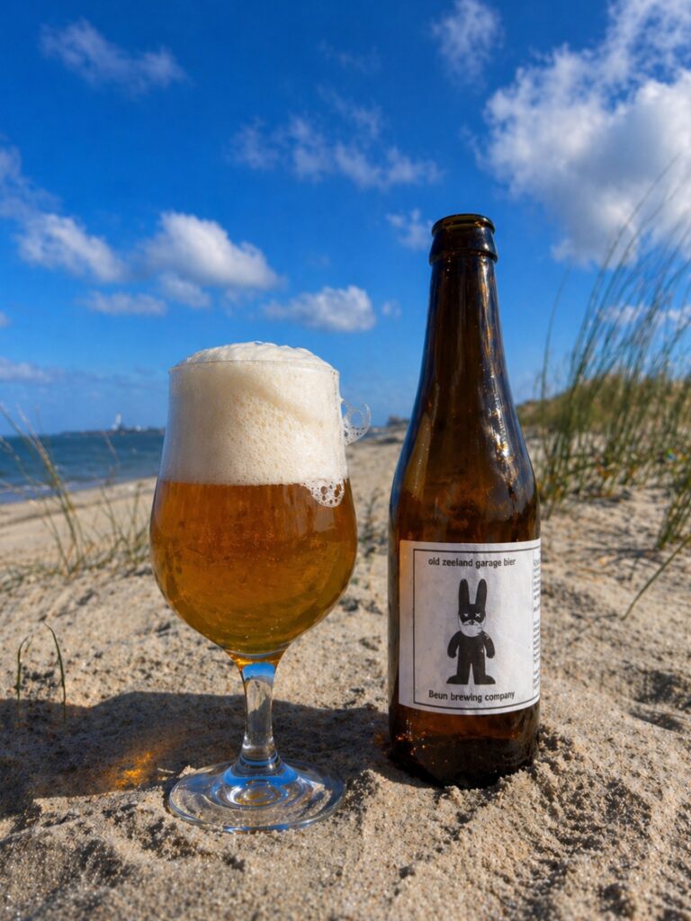 Old Zeeland Garage Bier van Beunbrewing, glas en fles in het zand van de duinen onder een blauwe lucht