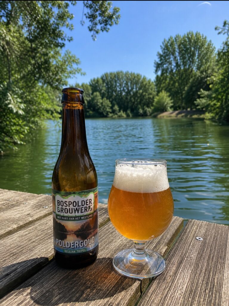 Poldergoud Tripel van Bospolder Brouwerij, fles en glas op een houten steiger aan groen water met bomen