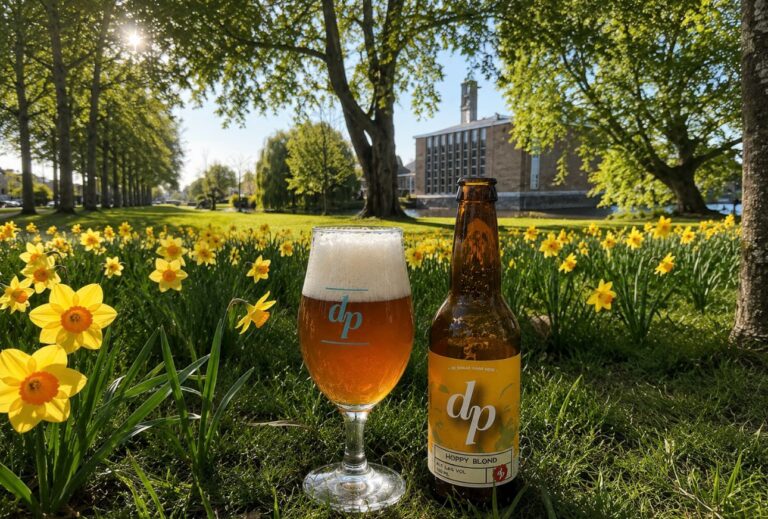 DP Hoppy Blond, glas en fles in het gras tussen gele narcissen in een zonnig park met hoge bomen