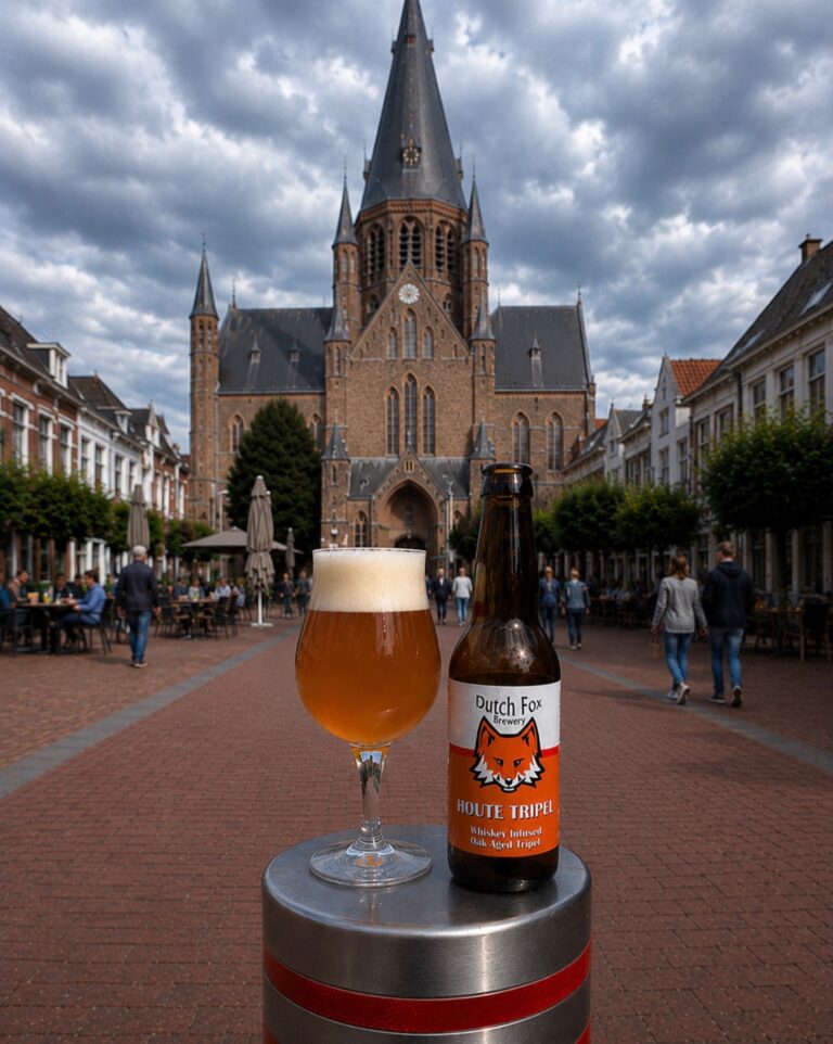 Houte Tripel van Dutch Fox, glas en fles op een paaltje op een plein voor een grote gotische kerk