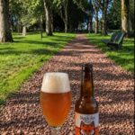 Rekel Tripel van Dutch Fox, glas en fles op een rood grindpad in een bomenlaan met een bankje verderop