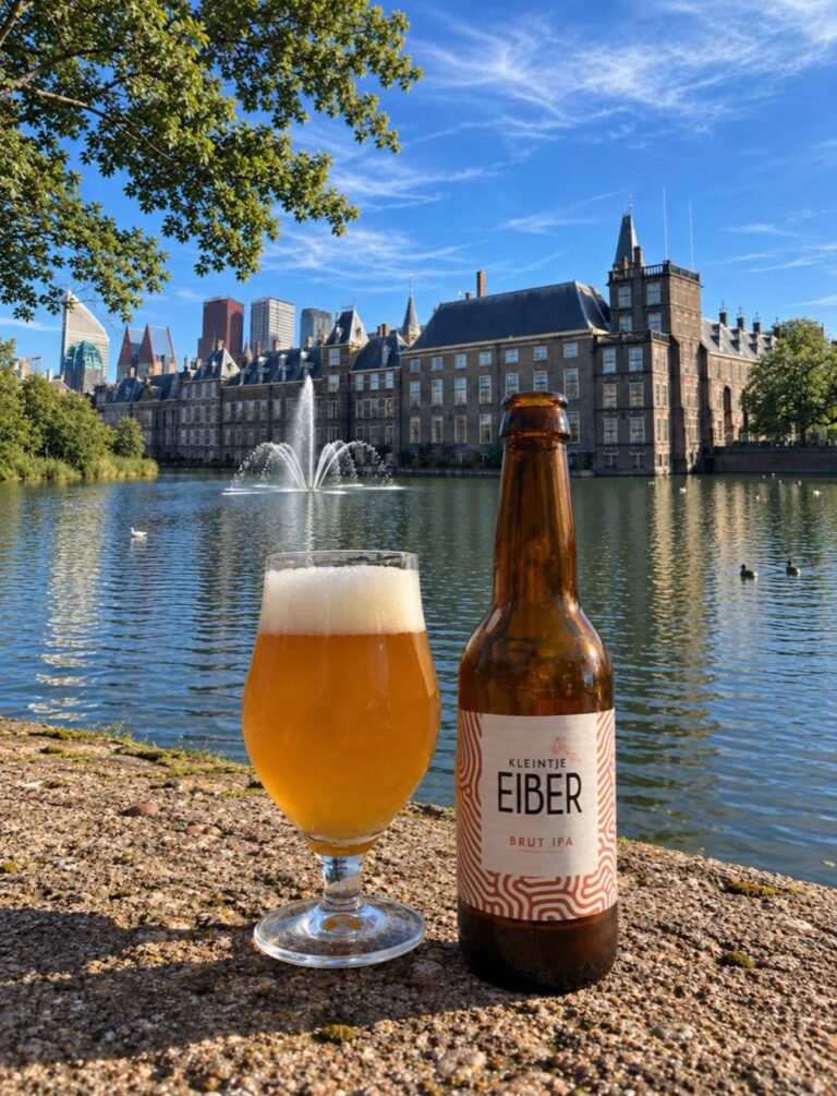 Kleintje Eiber Brut IPA, glas en fles aan de Hofvijver in Den Haag met fontein en het Binnenhof op de achtergrond