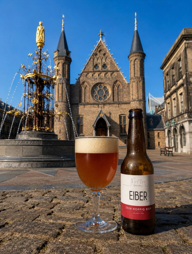 Eiber ZHB IPA, glas en fles op de kasseien van het Binnenhof in Den Haag voor de Ridderzaal en de fontein