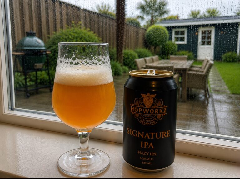 Signature IPA van Hopworkz, glas en blik in de vensterbank met uitzicht op een natte tuin