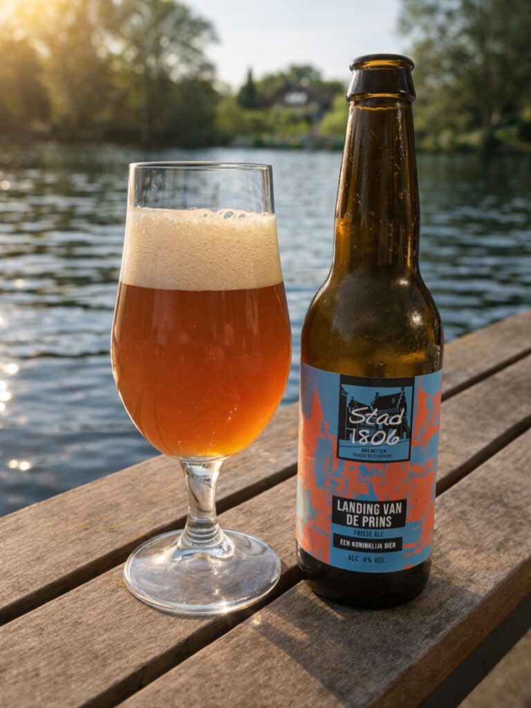 Landing van de Prins van Stad1806, glas en fles op een houten steiger aan het water in de zon