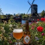 Leidse Goud Tripel, glas en fles tussen bloeiende tulpen en rozen met een molen aan het water op de achtergrond