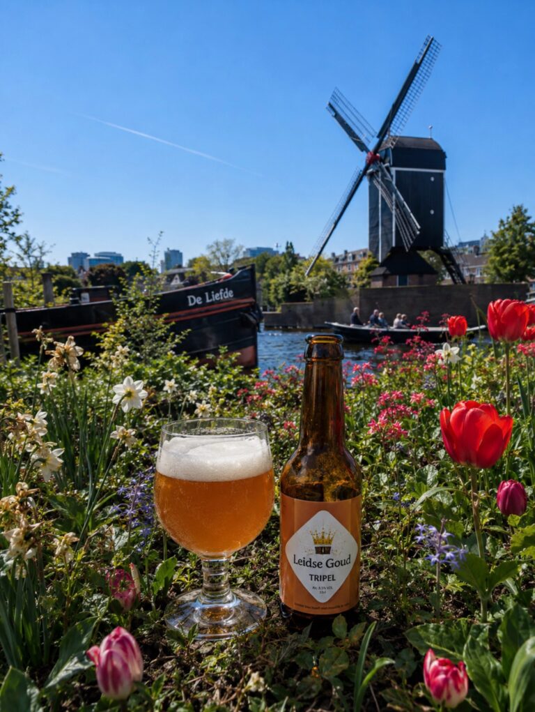Leidse Goud Tripel, glas en fles tussen bloeiende tulpen en rozen met een molen aan het water op de achtergrond