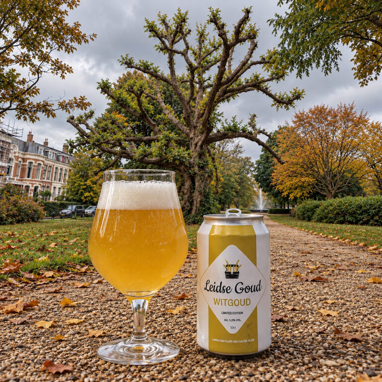Glas Witgoud en het blik van Leidse Goud op het grindpad in Het Plantsoen in Leiden, met herfstbomen en een fontein