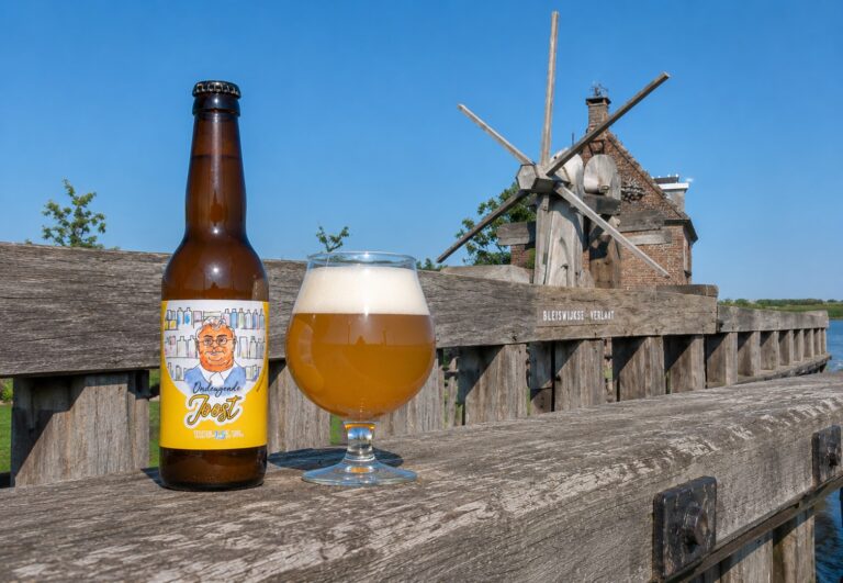 Ondeugende Joost Tripel van De Kauw, fles en glas op een houten brugleuning bij het Bleiswijkse Verlaat met een molen