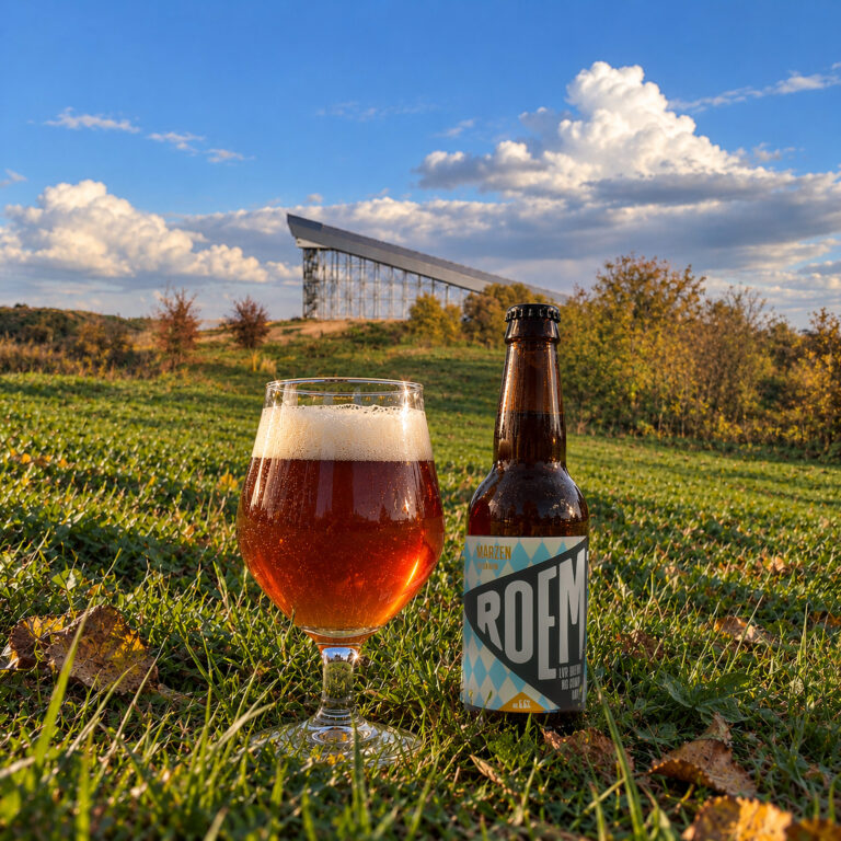 Glas Märzen en de fles van ROEM in het gras op een heuvel in het Buytenpark in Zoetermeer, met de skihal op de achtergrond