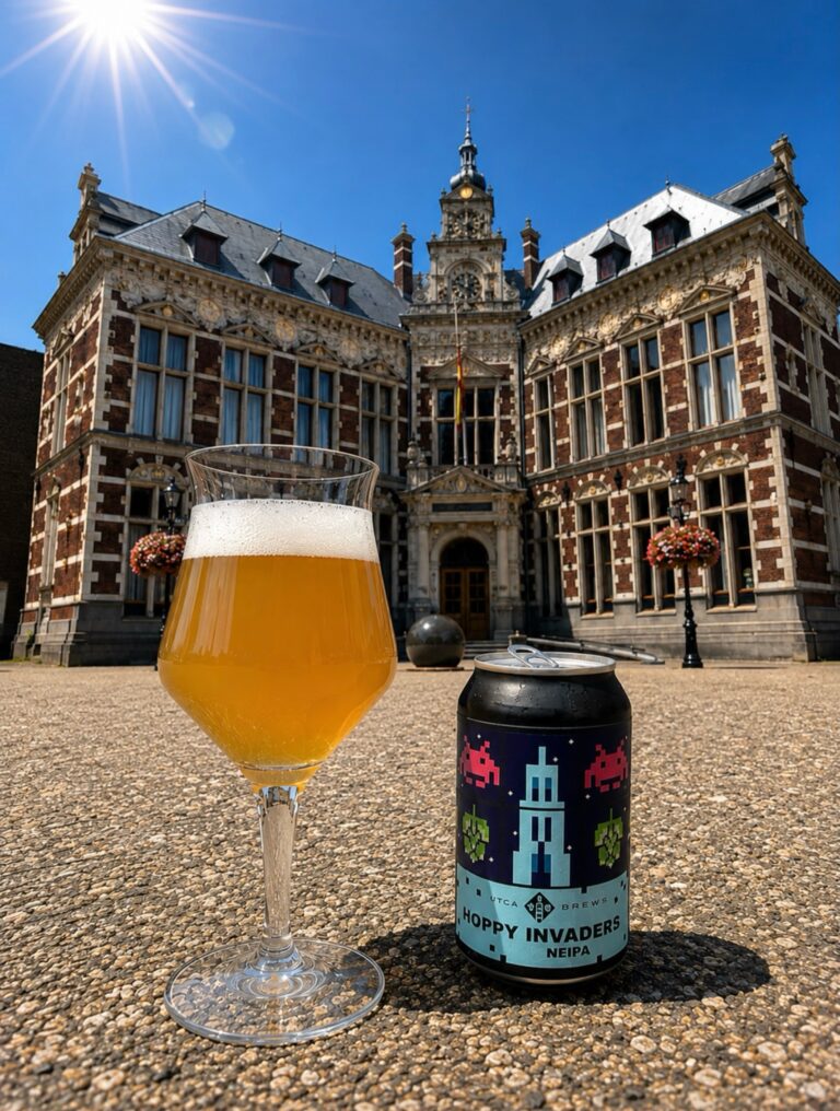 Hoppy Invaders NEIPA van UTCA, glas en blik op een plein voor een monumentaal bakstenen gebouw in de zon