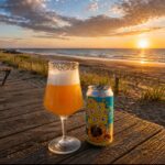 A Hazy Shade of Summer van X-brewing, glas en blik op een houten vlonder aan het strand bij zonsondergang