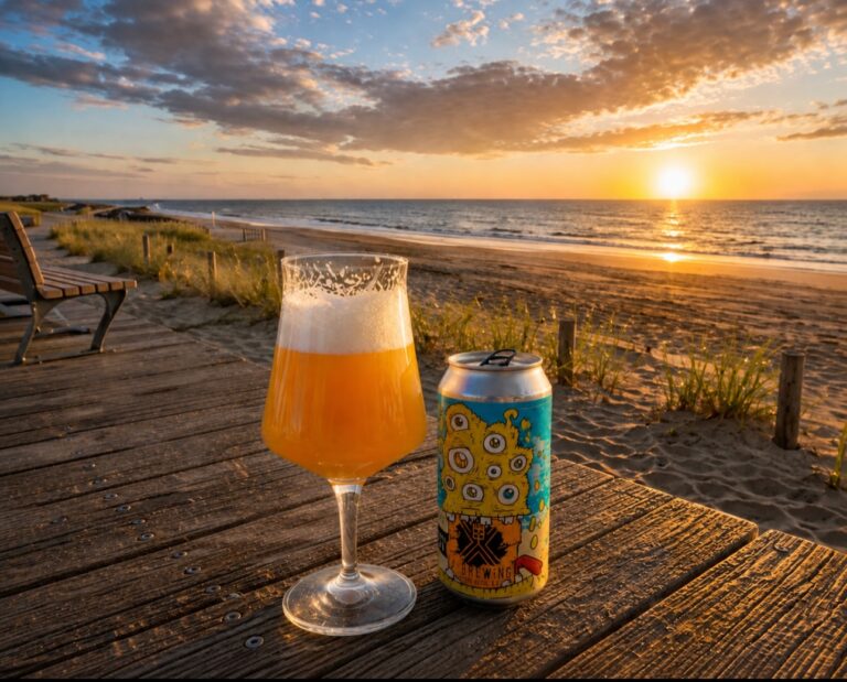 A Hazy Shade of Summer van X-brewing, glas en blik op een houten vlonder aan het strand bij zonsondergang