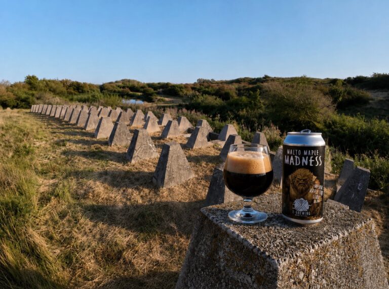 Malto Maple Madness van X-brewing, glas donkere stout en blik op een betonblok tussen de drakentanden in de duinen
